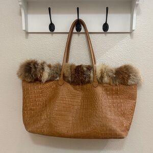 Elegant Terrida Genuine Italian Leather Tote with Fur Trim